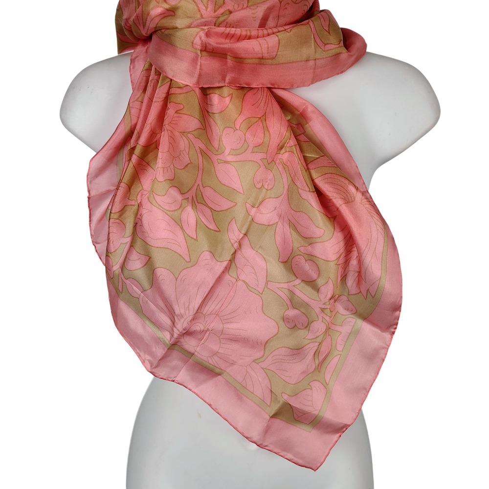 NWT Womens M Floral Square Scarf Pink Green 100% Silk Cottagecore Coquette